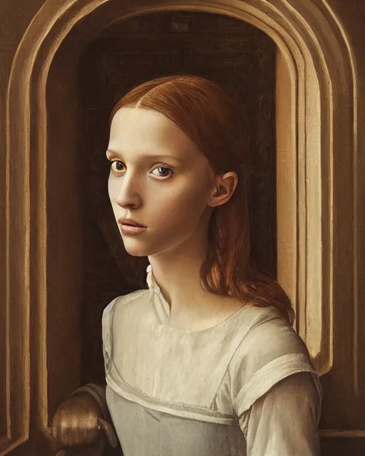 Prompt: a window - lit realistic portrait painting of a thoughtful girl resembling a young, shy, redheaded alicia vikander or millie bobby brown, lit by a window at the side, highly detailed, intricate, by leonardo davinci and boticelli