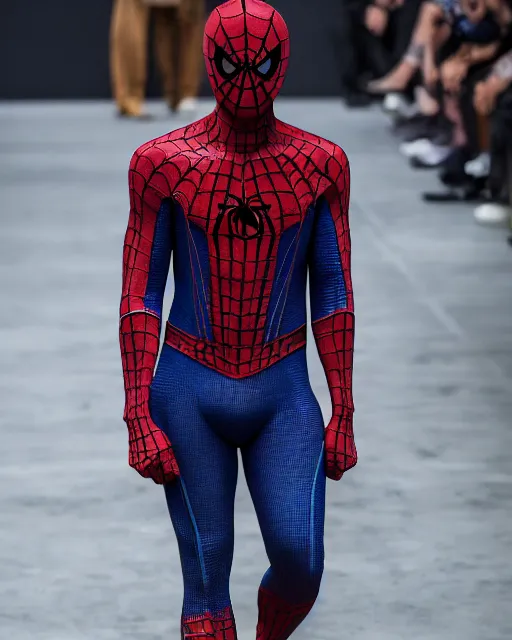 Image similar to hyperrealistic and heavy detailed 2321s Yeezy runway show of spiderman, Leica SL2 50mm, vivid color, high quality, high textured