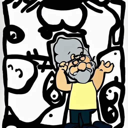 Prompt: cute cartoon character, curled perspective, digital art, beard grandpa taking a photo to a baby girl, jeanarp