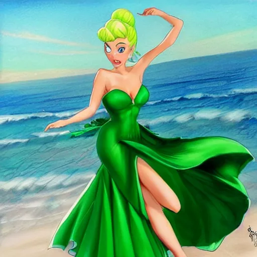 Prompt: beautiful tinkerbell in a skintight green satin prom dress on the beach drawn by artgerm