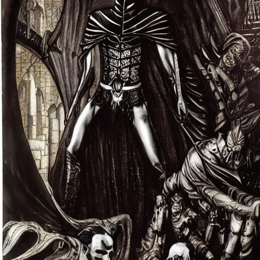 Image similar to Strahd von Zarovich taking Ireena, dramatic, realistic, detailed, wide shot, by H. R. Giger