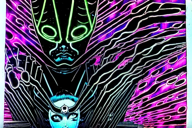 Prompt: a true hero, sinking, wrapped in black, clutching a hopespark in the drifting voids. Fantasy Tron sci-fi illustration, vibrant neon inks painting, by Edvard Junjiito Picasso