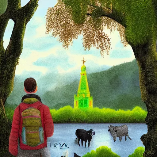 Image similar to A digital painting of a mossy cow in Moscow looking at a river. The cow is holding a wineskin and wears a rucksack. Husky dogs are swimming in the river.