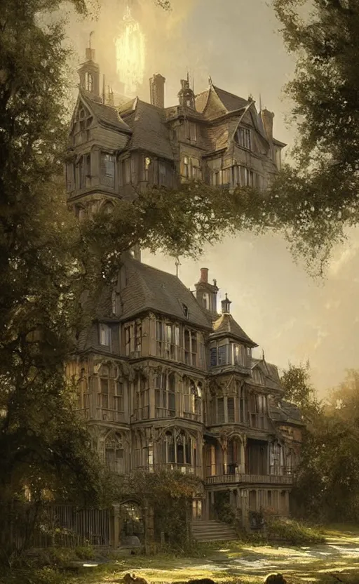 Prompt: Portrait of a victorian manor house in a town, 19th century, highly detailed, cinematic lighting, digital art painting by greg rutkowski