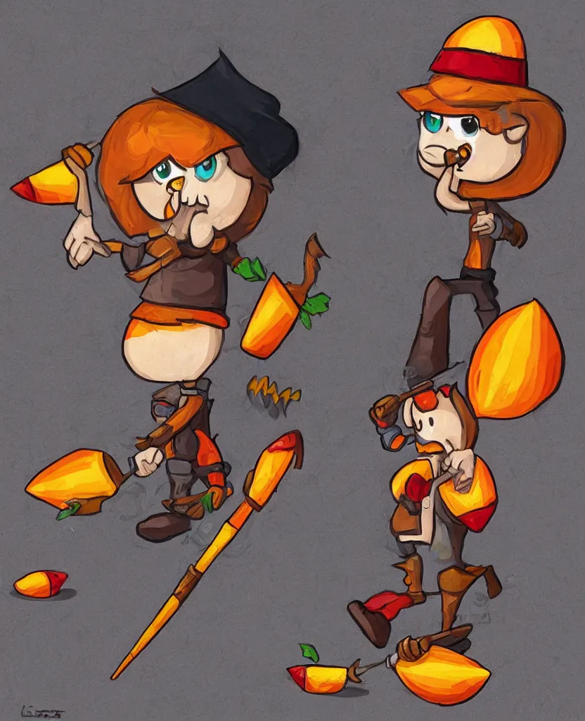 Image similar to a cartoon candy corn character holding a spear and wearing a hat, a character portrait by muggur, trending on deviantart, pop surrealism, 2 d game art, apocalypse art, by by joao artur da silva, tumblr contest winner, shock art