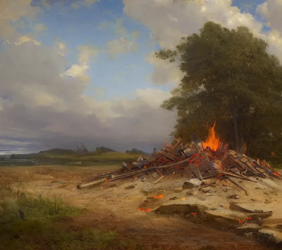 Prompt: landscape portrait of a funeral pyre with cash on it, by william sidney mount, trending on artstation