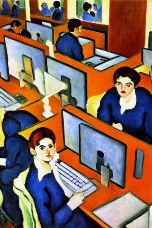 Image similar to oil painting highly detailed computer workers in office painted by henri matisse, impressionism