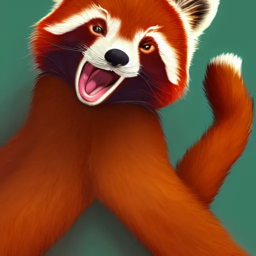 Image similar to commissioned full body portrait of an anthro!! red panda waking up in bed! and yawning! and stretching!, trending on furaffinity,