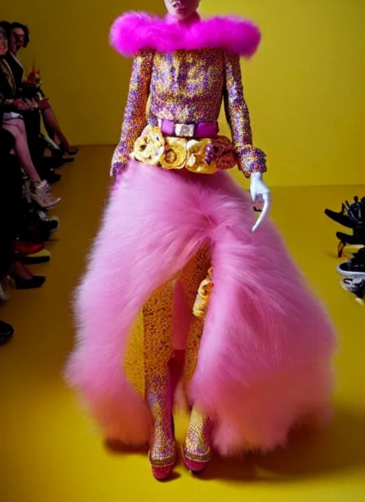 Image similar to Bespoke couture outfit made of yellows, pinks, purple and gold by Vivian Westwood and Marc Jacobs as seen in the movie the Royal Tenenbaums + vintage Chanel in a futuristic vibe