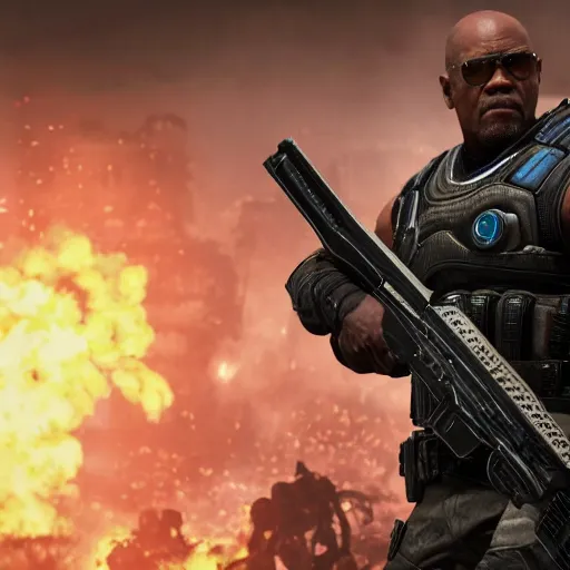 Image similar to Samuel L Jackson in Gears of War, splash art, movie still, cinematic lighting, dramatic, octane render, long lens, shallow depth of field, bokeh, anamorphic lens flare, 8k, hyper detailed, 35mm film grain