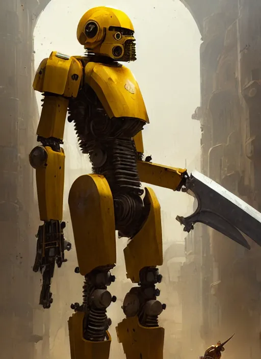 Image similar to human-sized strong intricate yellow pit droid carrying paladin medieval greatsword, pancake short large head painterly humanoid mecha, by Greg Rutkowski