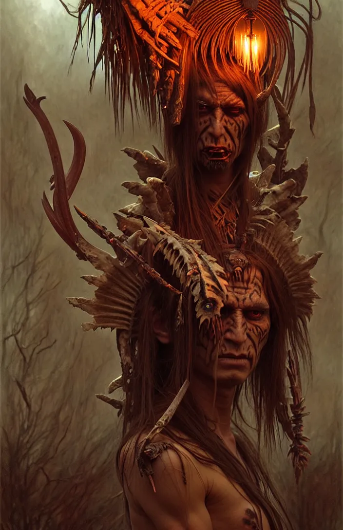 Image similar to evil native american skinwalker transformation, horror demon, heroic lighting, dark fantasy, intricate, elegant, highly detailed, lifelike, photorealistic, digital painting, artstation, illustration, concept art, smooth, sharp focus, art by John Collier and Albert Aublet and Krenz Cushart and Artem Demura and Alphonse Mucha