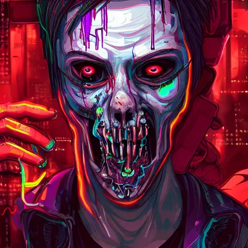 Prompt: digital painting of a cyberpunk zombie, hyperdetailed, vibrant colors, comic book style, cyberpunk, trending on Artstation