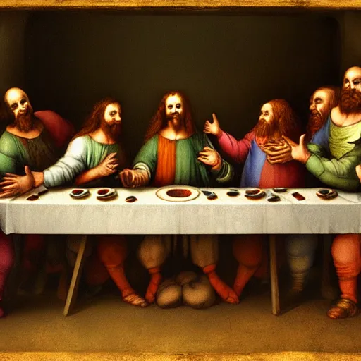 Image similar to last Supper of clowns by Leonardo Da Vinci, artstation,