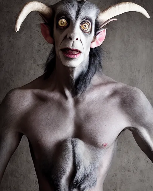 Prompt: actor Doug Jones in Elaborate Pan Satyr Goat Man Makeup and prosthetics designed by Rick Baker, Hyperreal, Head Shots Photographed in the Style of Annie Leibovitz, Studio Lighting
