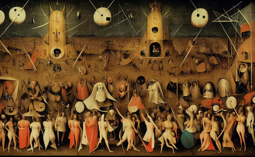 Image similar to geometric painting of an edm rave party by hieronymus bosch