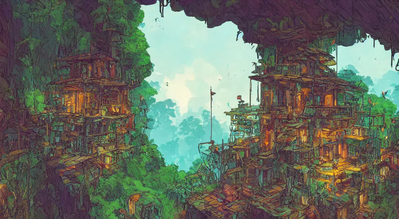 Image similar to open door wood wall fortress child house flag amazon jungle on portal unknow world ambiant fornite colorful that looks like it is from borderlands and by feng zhu and loish and laurie greasley, victo ngai, andreas rocha, john harris