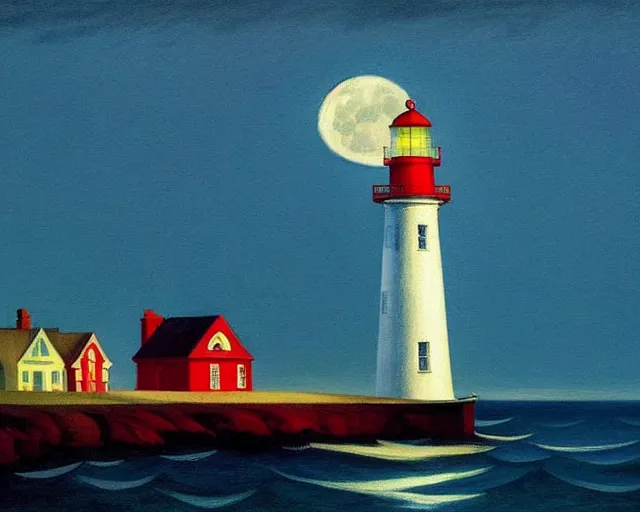 Prompt: a stunning maritime painting of a sailing ship, a lighthouse, the moon, a small house with the lights on, by edward hopper, award winning art, moody lighting