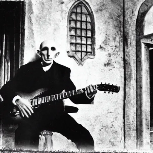 Image similar to vintage photograph of count orlok outside his castle, playing the blues on guitar, castle in the background, 4 k