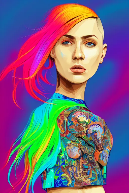 Image similar to a award winning half body portrait of a beautiful woman with stunning eyes in a printed croptop and cargo pants with rainbow colored ombre hairstyle head in motion and hair flying by josan gonzales, outrun, vaporware, shaded flat illustration, digital art, trending on artstation, highly detailed, fine detail, intricate