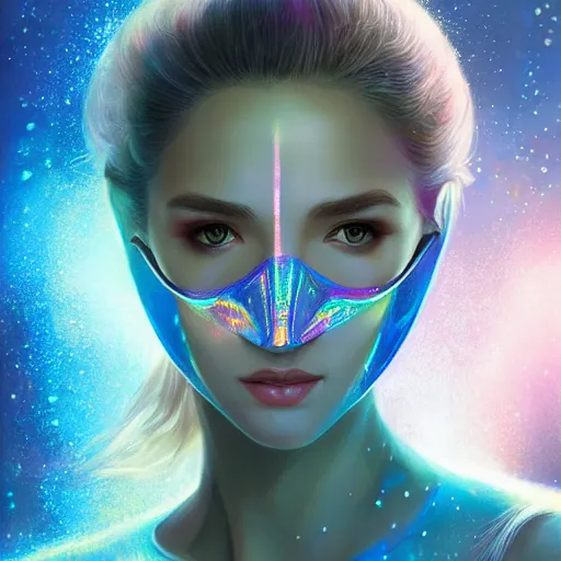 Prompt: a beautiful girl wearing a holographic mask in a futuristic world, digital art, 8 k resolution, highly detailed, artstation, pretty face, very beautiful face, very detailed eyes, by rossdraws, tom bagshaw, greg rutkowski, ferdinand knab