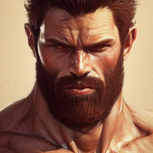 Image similar to portrait of a rugged ranger, muscular, upper body, hairy torso, D&D, fantasy, intricate, elegant, highly detailed, digital painting, artstation, concept art, smooth, sharp focus, illustration, art by greg rutkowski