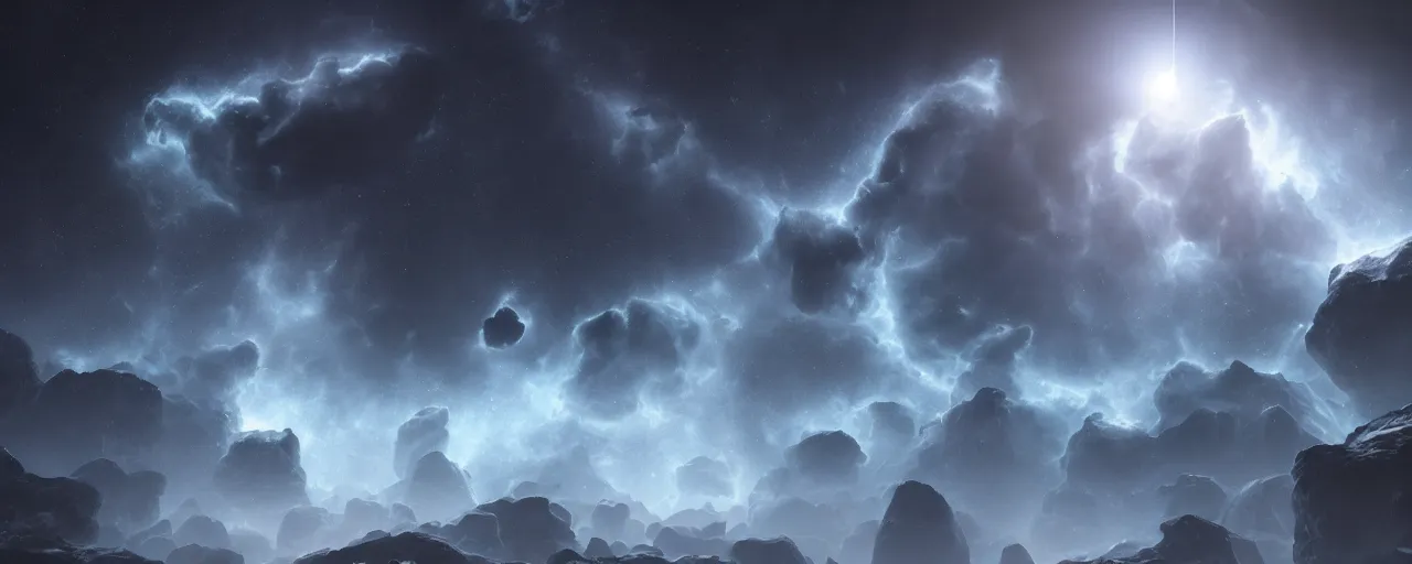 Image similar to epic beautiful minimalist space nebulae space scene, spaceengine, highly detailed, chiaroscuro, volumetric lighting, octane render, majestic, mysterious, double - exposure, light, tones of black in background, sublime, soft lighting, ray tracing global illumination, translucid luminescence, lumen reflections