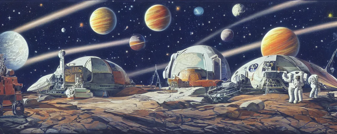 Image similar to a beautiful future for space program, astronauts and space colonies, utopian, by david a. hardy, wpa, public works mural