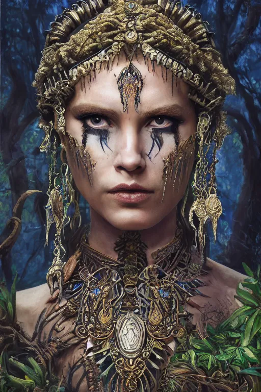 Prompt: oil painting of fantasy female warrior, symmetrical face, beautiful face, intricate jewellery, one head, filigree armour, tribal tattoos, big earrings, shining eyes, crystals, covered in plants, standing in the mystical forest, realistic oil painting, baroque, renaissance painting, dramatic, cinematic light, trending on artstation, rule of thirds, highly detailed, 8 k