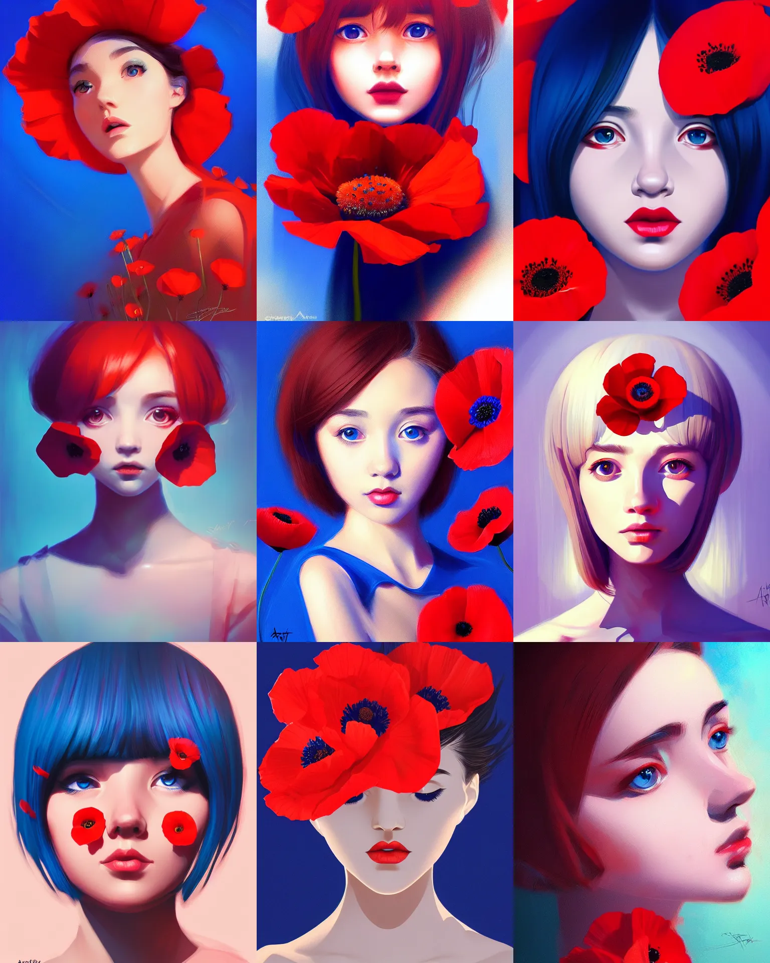 Prompt: poppy flowers portrait by stanley artgerm, dramatic lighting, ilya kuvshinov, trending on artstation, flat colour, geometric curves, gradient filter, red and blue back light