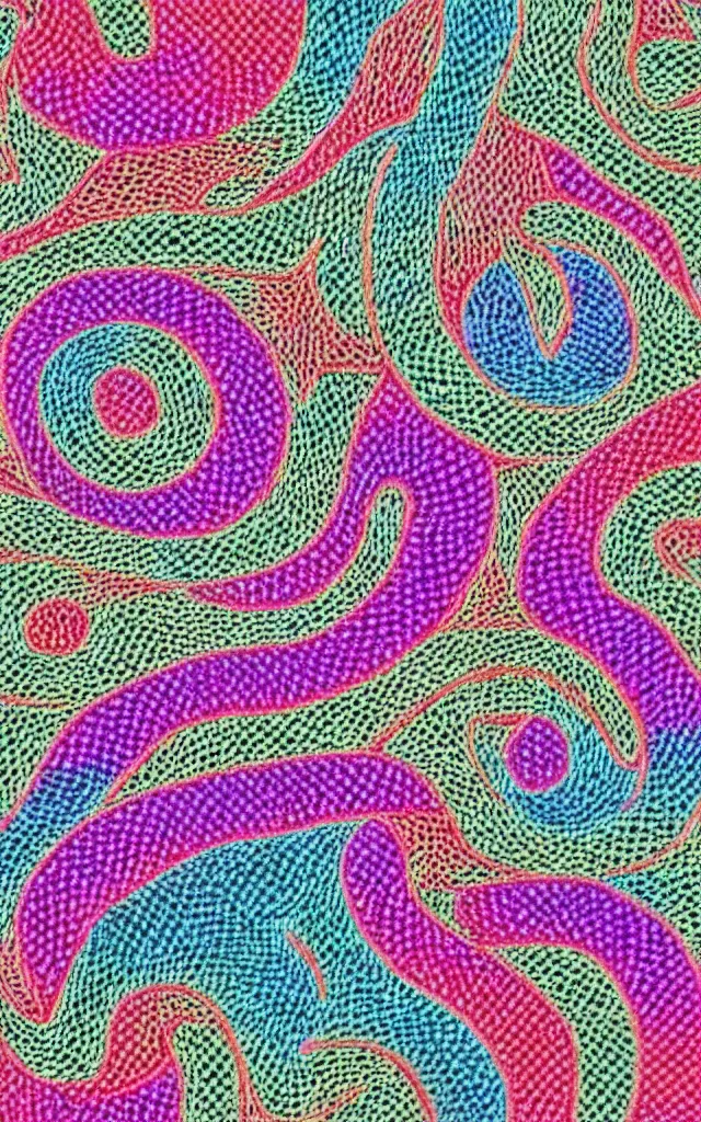 Prompt: wave, particle, synth, frequencies, pattern, oscillation. wave-particle duality. beautiful japanese embroidery. vibrant, colorful,