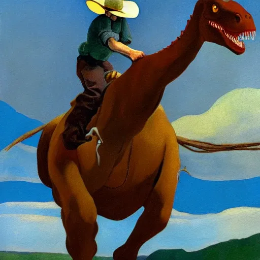 Image similar to a painting of a cowboy riding a dinosaur in the style of n. c. wyeth.