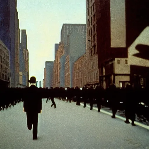 Image similar to wide-shot low-angle photo of empty!!! animated clothes (((heads))) walking down the street in New York, polaroid photo, by Andy Warhol, by Rene Magritte