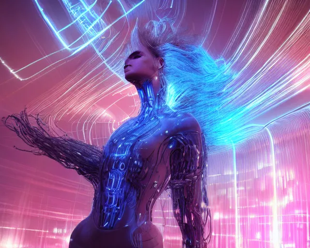 Image similar to glowing hair, complex cybernetic beings, beautiful hairy humanoids, cybermagnetosphere, cybernetic civilizations, ornate hair, love, joy, vortexes, large arrays, data holograms, 8 k, cinematic light shadows, wet hdr refractions, *, * * *, * * * * *