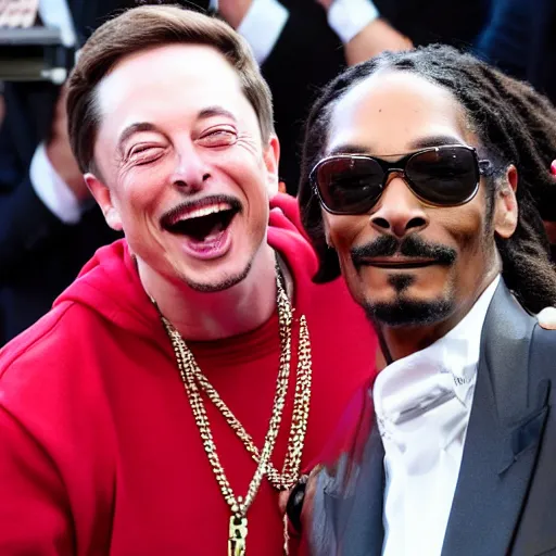 Image similar to snoop dogg french kissing elon musk with long tongue, in front of paparazzi, 8 k, photo,