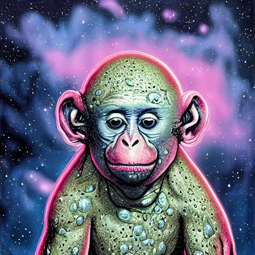 Image similar to measles on a deformed hideous pustule covered monkey, sores, bumps, skin wounds, surface hives, growths, horror, fantasy, highly detailed, by Dan Hillier, ooze, slime, in background nebula of bacteriophages