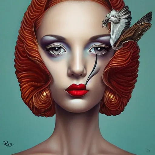 Prompt: very detailed, behance contest winner, a painting of a woman, pop surrealism, minimalist, detailed painting, skeuomorphic, an ultrafine detailed painting by rafal olbinski, airbrush art
