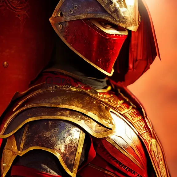 Image similar to magical roman armor, red and black cloths, gold metal highlights, splash art, movie still, cinematic lighting, dramatic, octane render, long lens, shallow depth of field, bokeh, anamorphic lens flare, 8k, hyper detailed, 35mm film grain