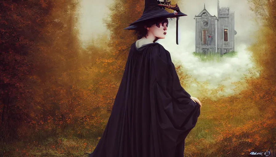 Image similar to majestic beautiful witch woman portrait by mothmeister, edmund leighton, rural decay background by james jean, 8 k, elegant ceremonial robe, occult, volumetric lighting, porcelain skin, cinematic, high detail, hyper photorealism, low angle, trending on pixiv