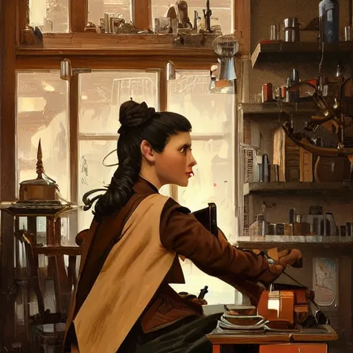 Prompt: brown black coat sitting in the old antique shop, deep focus, turnaround, pulp art, fantasy, intricate, elegant, highly detailed, digital painting, artstation, concept art, matte, sharp focus, illustration, hearthstone, art by rhads and artgerm and greg rutkowski and alphonse mucha.