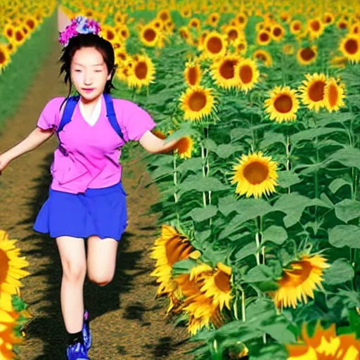 Image similar to Anime young girl in the style of Kyoto Animation running through a field of sunflowers