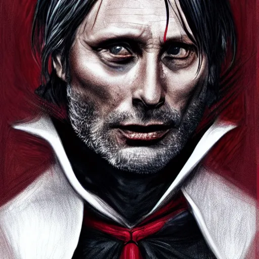 Prompt: mads mikkelsen as a vampire, male, late - 4 0 s aged, shoulder length hair, slicked black hair, red eyes, clean shaven, wearing a cape, regal, royal, grim facial expression, high medieval fantasy, full color digital art, concept art, wide shot.