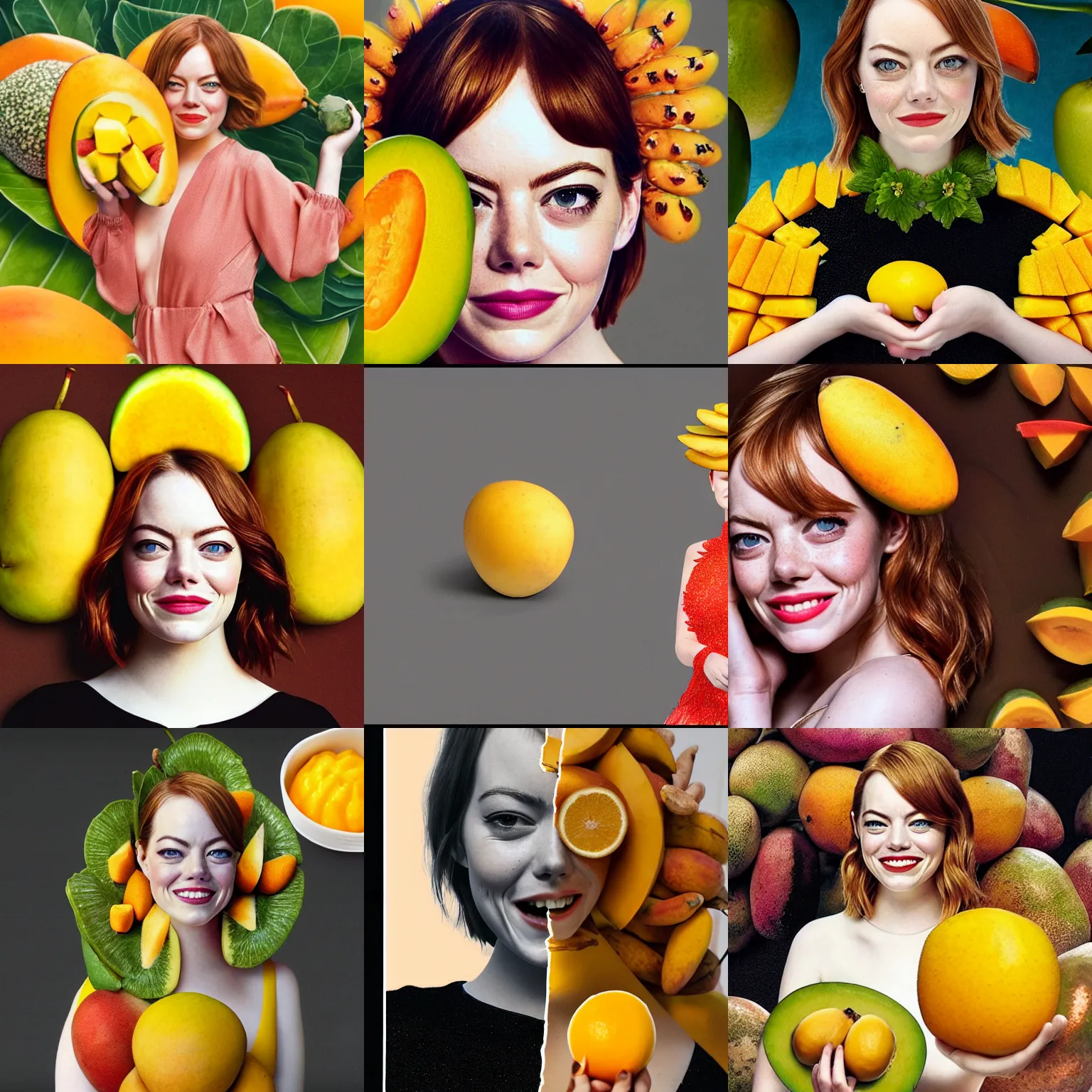 Prompt: emma stone, with a mango fruit instead of her body, fused together, mango costume, full shot photo, photoshopped, ripe fruit, giuseppe arcimboldo