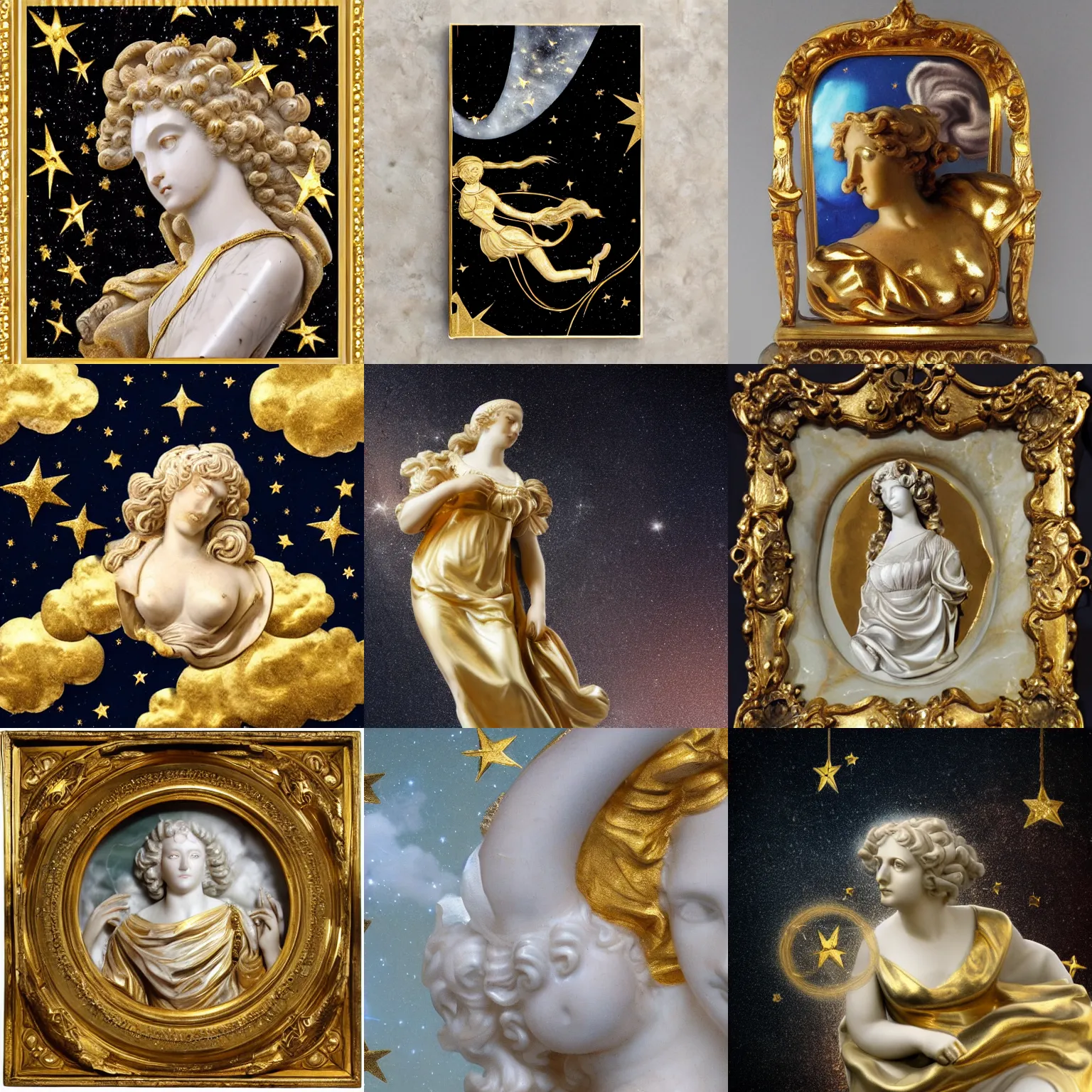 Image similar to baroque woman marble and gold in space, stars, clouds