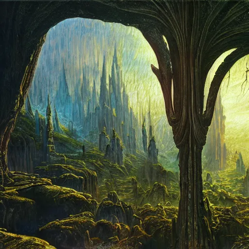 Image similar to a beautiful and highly detailed oil painting of an elven temple deep in the misty mountains, secret valley, tall spires, beautiful trees, ancient runes, intricate details, epic scale, insanely complex, 8 k, sharp focus, hyper realism, fantasy landscape, psychedelic, by caspar friedrich and brian froud and albert bierstadt,