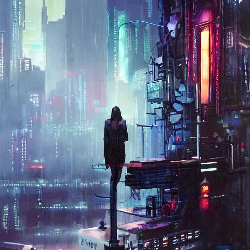 Image similar to cyberpunk dream thief, wires, machines, digital displays, computers, dark moody noir, painted by howard david johnson and james gurney