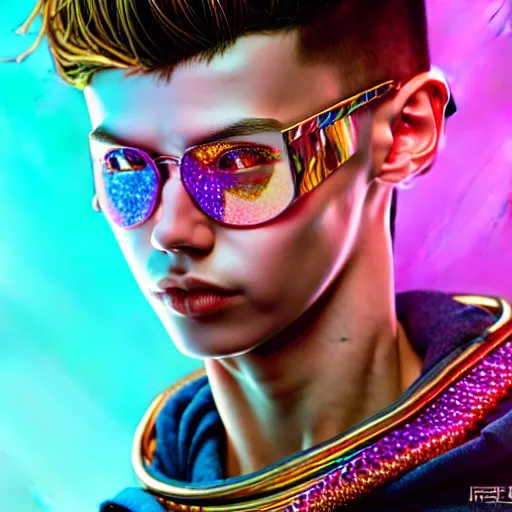 Image similar to hyperdetailed portrait of a cyberpunk european boy with brown hair made of iridescent metals and shiny pink gems, bright rainbow nimbus, gold necklace, gold background inspired by ross tran and masamune shirow and kuvshinov, intricate, photorealistic, octane render, rtx, hdr, unreal engine, dnd digital art by artgerm