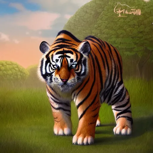 Prompt: cutie fluffy creature based on a bengal tiger, digital art, 3 d, octave render, masterpiece, mega detailed, pixar, disney, vivid illustration, cartoon, fantasy, by george stubbs, artgerm, in the style of ghibli kazuo oga, pastel fur