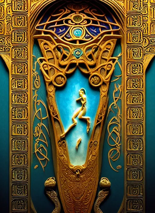 Image similar to ornate sacred sarcophagus, art nouveau hieroglyphics, cyan and gold palette, symmetry, fantasy, intricate, elegant, highly detailed, colorful, dark colors, dramatic shadow, digital painting, artstation, concept art, art by artgerm and greg rutkowski and ruan jia,