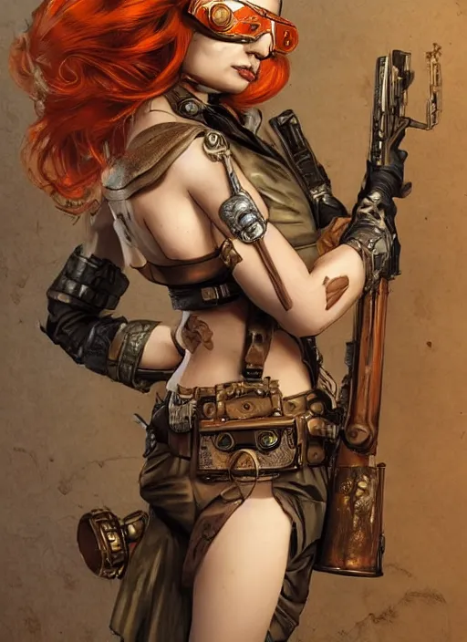 Image similar to 8K, realistic ginger Lady Mechanika as a Marvel comic book character holding a shotgun and wearing victorian goggles in a ultradetailed Steampunk scenary, 8k render, zbrush, D&D style, smooth, sharp focus, illustration. Art by Artgerm and Pete Tapang and Kago Shintaro. Trending on artstation, featured in Deviantart, detailed, intricate, cinematic lighting,